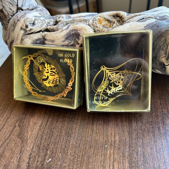 2 Vintage 18K Gold Plated Brass Christmas Ornaments By Christmas Fantasy in Box - Picture 1 of 7